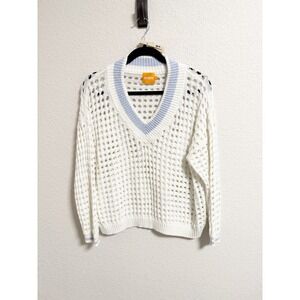 WISPR Womens Open Stitch Oversized V Neck Sweater Blue‎ Trim Long Sleeve Small